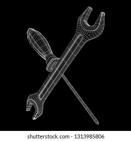 Wrench and screwdriver. Spanner repair tool. Mechanic or engineer instruments. Support service wireframe low poly mesh vector illustration