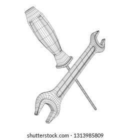 Wrench and screwdriver. Spanner repair tool. Mechanic or engineer instruments. Support service wireframe low poly mesh vector illustration