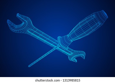 Wrench and screwdriver. Spanner repair tool. Mechanic or engineer instruments. Support service wireframe low poly mesh vector illustration