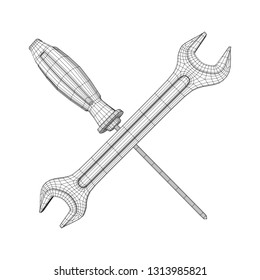 Wrench and screwdriver. Spanner repair tool. Mechanic or engineer instruments. Support service wireframe low poly mesh vector illustration