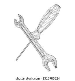 Wrench and screwdriver. Spanner repair tool. Mechanic or engineer instruments. Support service wireframe low poly mesh vector illustration