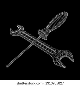 Wrench and screwdriver. Spanner repair tool. Mechanic or engineer instruments. Support service wireframe low poly mesh vector illustration