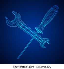 Wrench and screwdriver. Spanner repair tool. Mechanic or engineer instruments. Support service wireframe low poly mesh vector illustration