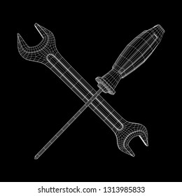 Wrench and screwdriver. Spanner repair tool. Mechanic or engineer instruments. Support service wireframe low poly mesh vector illustration
