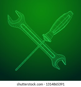 Wrench and screwdriver. Spanner repair tool. Mechanic or engineer instruments. Support service wireframe low poly mesh vector illustration