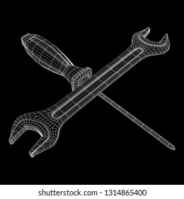 Wrench and screwdriver. Spanner repair tool. Mechanic or engineer instruments. Support service wireframe low poly mesh vector illustration