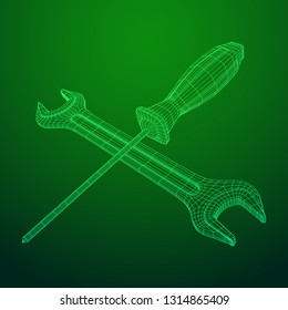 Wrench and screwdriver. Spanner repair tool. Mechanic or engineer instruments. Support service wireframe low poly mesh vector illustration