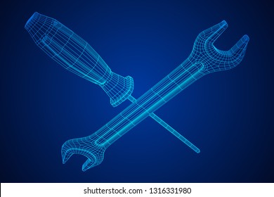 Wrench and screwdriver. Spanner repair tool. Mechanic or engineer instruments. Support service wireframe low poly mesh vector illustration