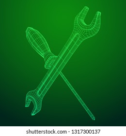Wrench and screwdriver. Spanner repair tool. Mechanic or engineer instruments. Support service wireframe low poly mesh vector illustration