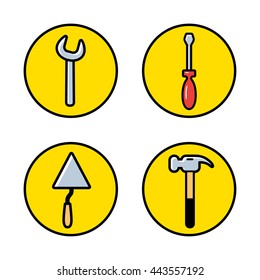 Wrench, screwdriver, trowel, hammer. Construction tools icons set.