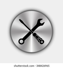 wrench and screwdriver vector icon - round metallic button