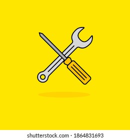 Wrench and screwdriver vector illustration isolated on yellow background. Linear color style of service icon