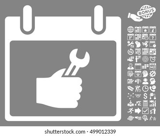 Wrench Service Hand Calendar Day icon with bonus calendar and time management images. Vector illustration style is flat iconic symbols, white, gray background.