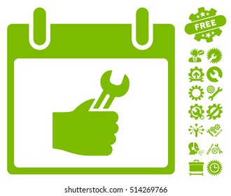 Wrench Service Hand Calendar Day icon with bonus setup tools images. Vector illustration style is flat iconic symbols, eco green, white background.