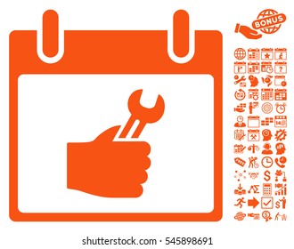 Wrench Service Hand Calendar Day icon with bonus calendar and time management design elements. Vector illustration style is flat iconic symbols, orange, white background.