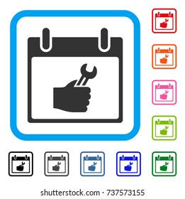 Wrench Service Hand Calendar Day icon. Flat grey iconic symbol in a light blue rounded square. Black, gray, green, blue, red,