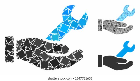 Wrench service hand composition of tuberous pieces in various sizes and color tinges, based on wrench service hand icon. Vector unequal pieces are composed into collage.