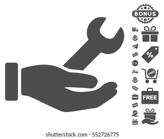 Wrench Service Hand icon with free bonus pictograph collection. Vector illustration style is flat iconic symbols, gray color, white background.