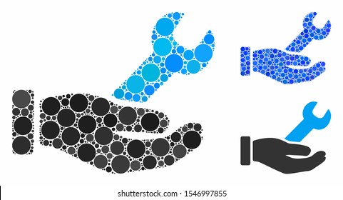 Wrench service hand mosaic of round dots in variable sizes and color hues, based on wrench service hand icon. Vector round dots are combined into blue composition.