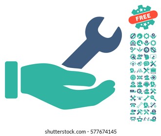 Wrench Service Hand pictograph with bonus setup tools graphic icons. Vector illustration style is flat iconic cobalt and cyan symbols on white background.