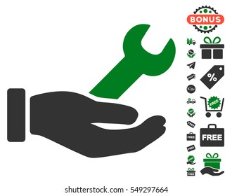 Wrench Service Hand pictograph with free bonus images. Vector illustration style is flat iconic symbols, green and gray colors, white background.