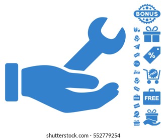 Wrench Service Hand pictograph with free bonus clip art. Vector illustration style is flat iconic symbols, cobalt color, white background.