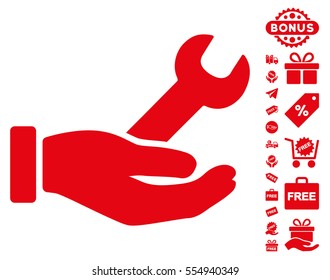 Wrench Service Hand pictograph with free bonus pictures. Vector illustration style is flat iconic symbols, red color, white background.