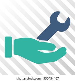 Wrench Service Hand vector icon. Illustration style is flat iconic bicolor cobalt and cyan symbol on a hatched transparent background.