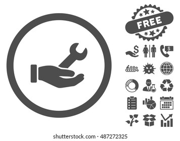 Wrench Service icon with free bonus symbols. Vector illustration style is flat iconic symbols, gray color, white background.