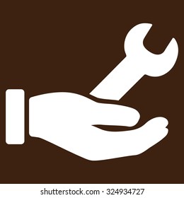 Wrench Service vector icon. Style is flat symbol, white color, rounded angles, brown background.