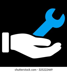 Wrench Service vector icon. Style is bicolor flat symbol, blue and white colors, rounded angles, black background.