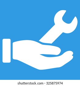 Wrench Service vector icon. Style is flat symbol, white color, rounded angles, blue background.