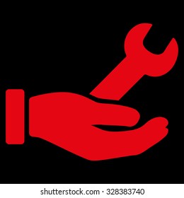 Wrench Service vector icon. Style is flat symbol, red color, rounded angles, black background.