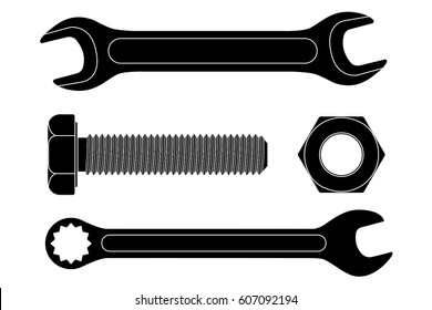 Wrench set with bolt screw and nut. Black icons. Vector illustration isolated on white background