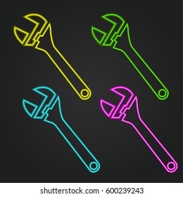 Wrench, set neon icons, blue, green, yellow, pink