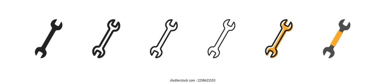 Wrench set of six icons in different styles. Repair, service, repair, tighten, unscrew, nut, car service, engineer, technology, settings, parameters. Tools concept. Set of vecor icons