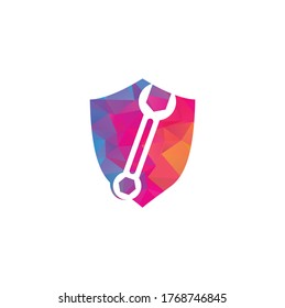 wrench shield shape concept logo design template vector. Wrench repair logo icon with swoosh graphic element