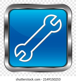 Wrench simple icon vector. Flat design. Metal, blue square button. Transparent grid.ai