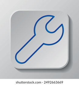 Wrench simple icon vector. Flat design. Paper cut design. Cutted blue symbol with shadow. Gray badge button, gray background.ai