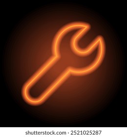 Wrench simple icon vector. Flat design. Orange neon on black background.ai