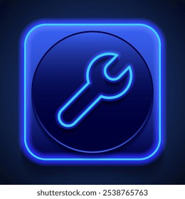 Wrench simple icon vector. Flat design. Blue neon style on button. With shadow.ai