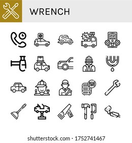 wrench simple icons set. Contains such icons as Tools, Technical Support, Car, Configuration, Siphon, Foreman, Leak, Mechanic, Adjustment, can be used for web, mobile and logo