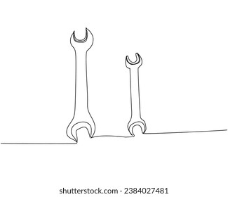 Wrench, spanner, Adjustable wrenches one line art. Continuous line drawing of repair, professional, hand, people, concept, support, maintenance.