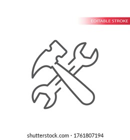 Wrench or spanner and hammer crossed line icon. Under construction outline symbol, editable stroke.