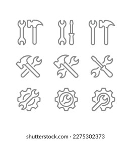 Wrench or spanner and hammer, screwdriver crossed line icon set. Settings, tools and gear outlined icons.