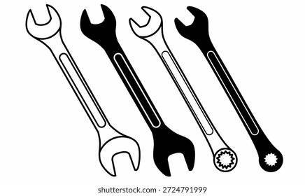 Conjunto de iconos de llaves o llaves.Las Formas más comunes se denominan llave de extremo abierto y llave de anillo en contorno y silueta.para reparación, mecánico, ingeniería y mantenimiento icono