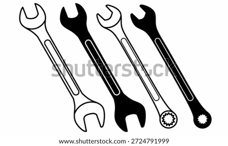 wrench or spanner icon set.The most common shapes are called open-ended spanner and ring spanner in outline and silhouette.for repair, mechanic, engineering, and maintenance icon