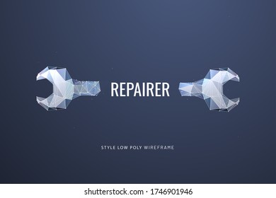 Wrench or spanner polygonal vector illustration - Monochrome abstract isolated on blue background - Concept of repair, maintenance or settings - Low poly wireframe style