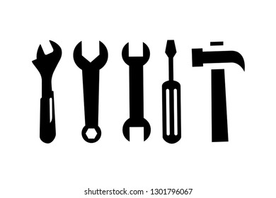 Wrench, Spanner, Screwdriver And Hammer Icon In Flat Style For App, UI, Websites. Black Icon Vector Illustration.