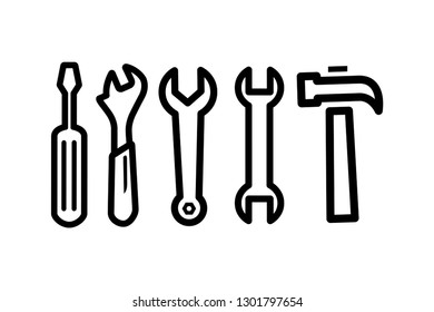 Wrench, Spanner, Screwdriver And Hammer Line Icon In Flat Style For App, UI, Websites. Black Toolkit Icon Vector Illustration.